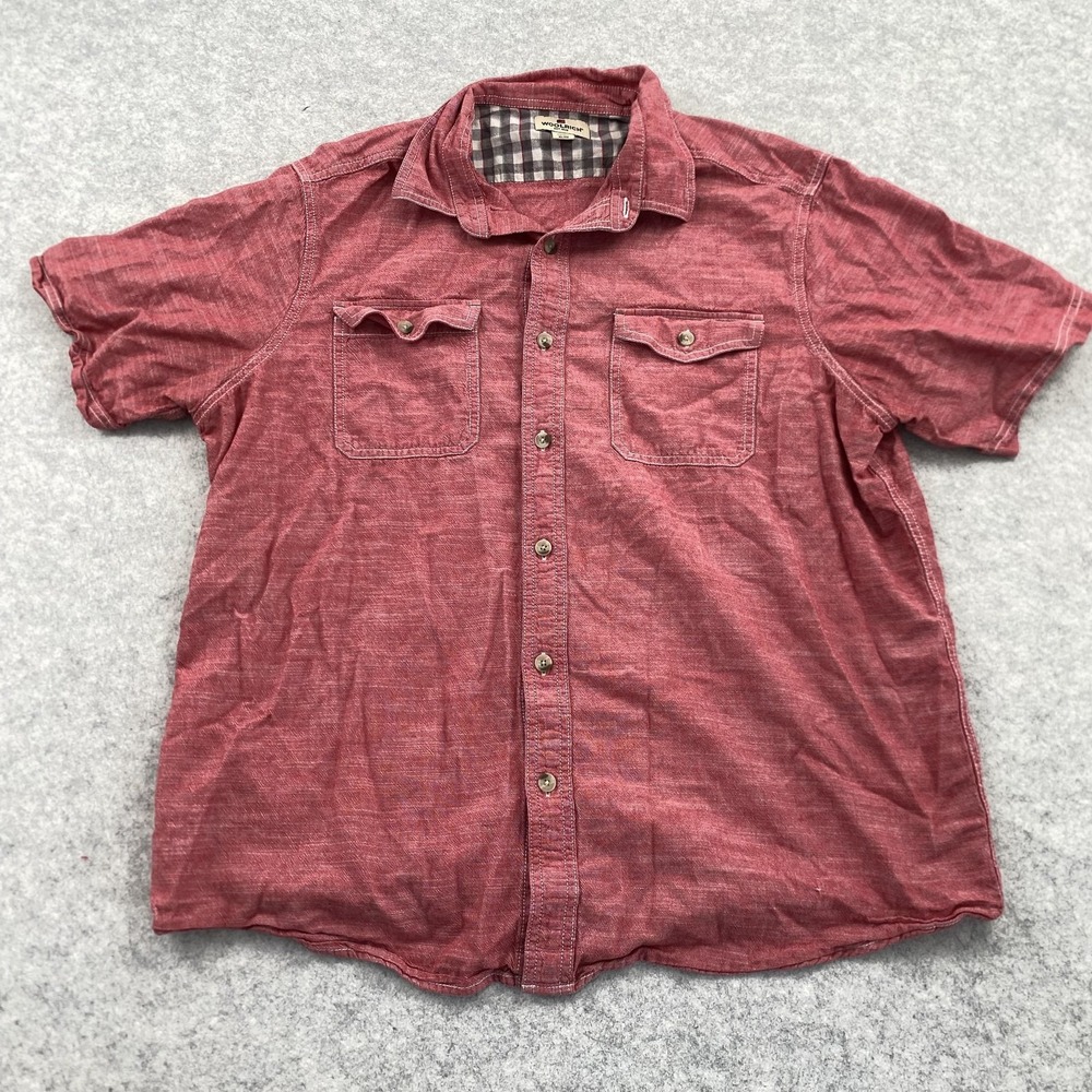 Woolrich Shirt Mens XL Red Slub Cotton Short Sleeve Button Up Woven Casual